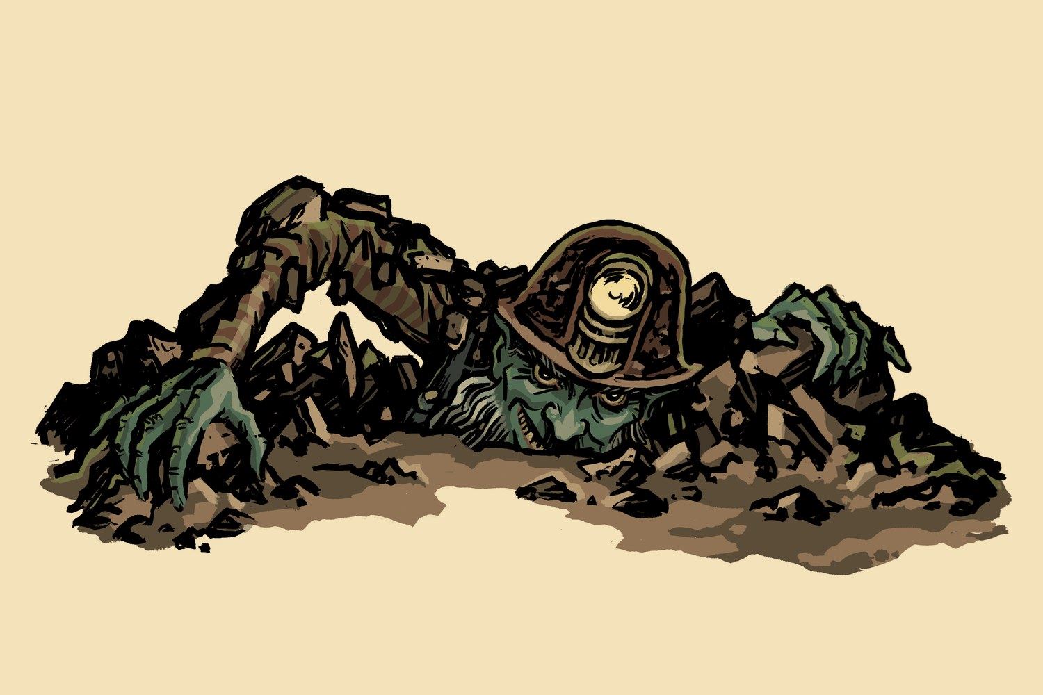 A tommyknocker in a miner's lamp helmet climbs out of the rubble, grinning