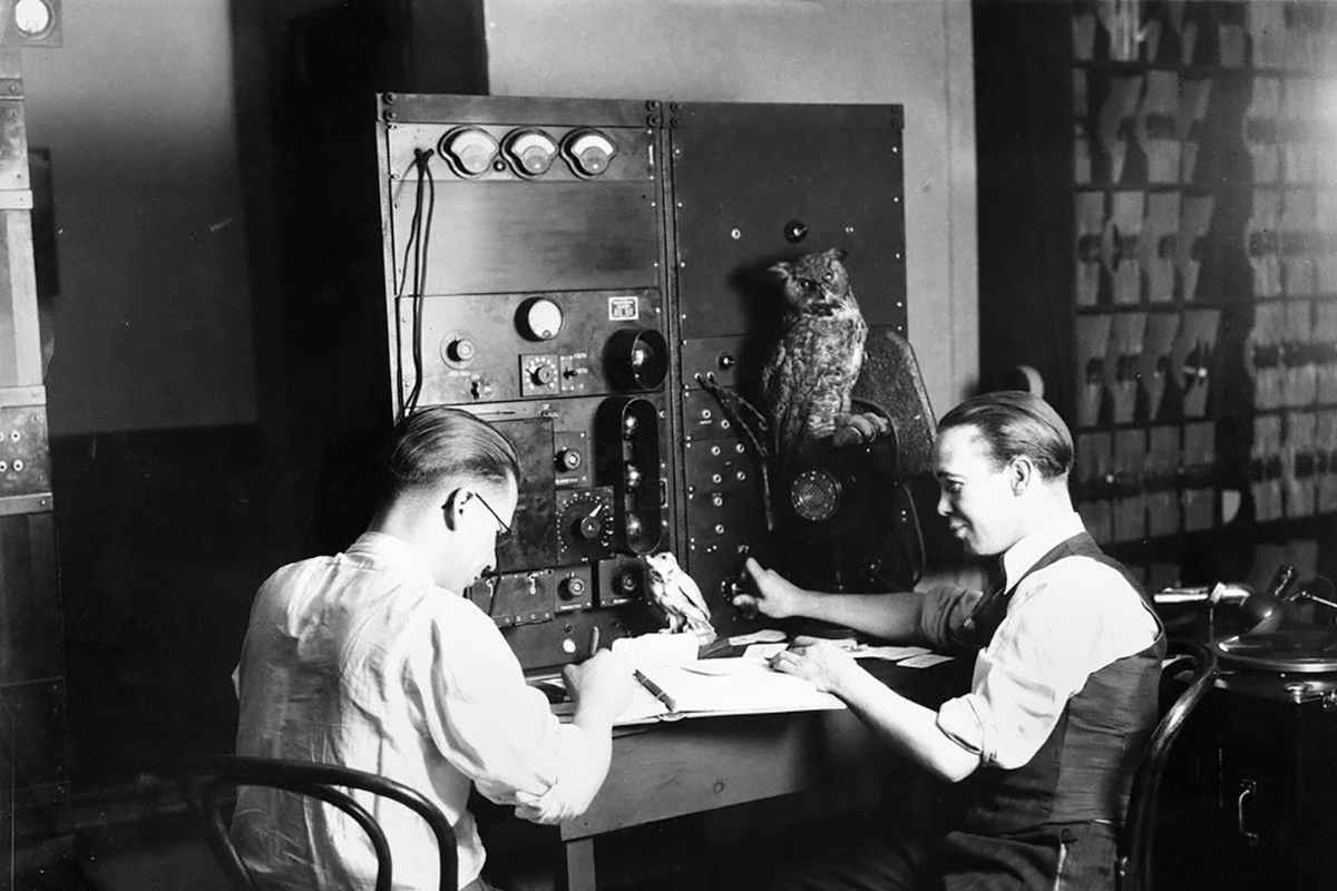 "Emmet Burke and Ed Craney broadcasting KGIR's all night Saturday show around 1935"