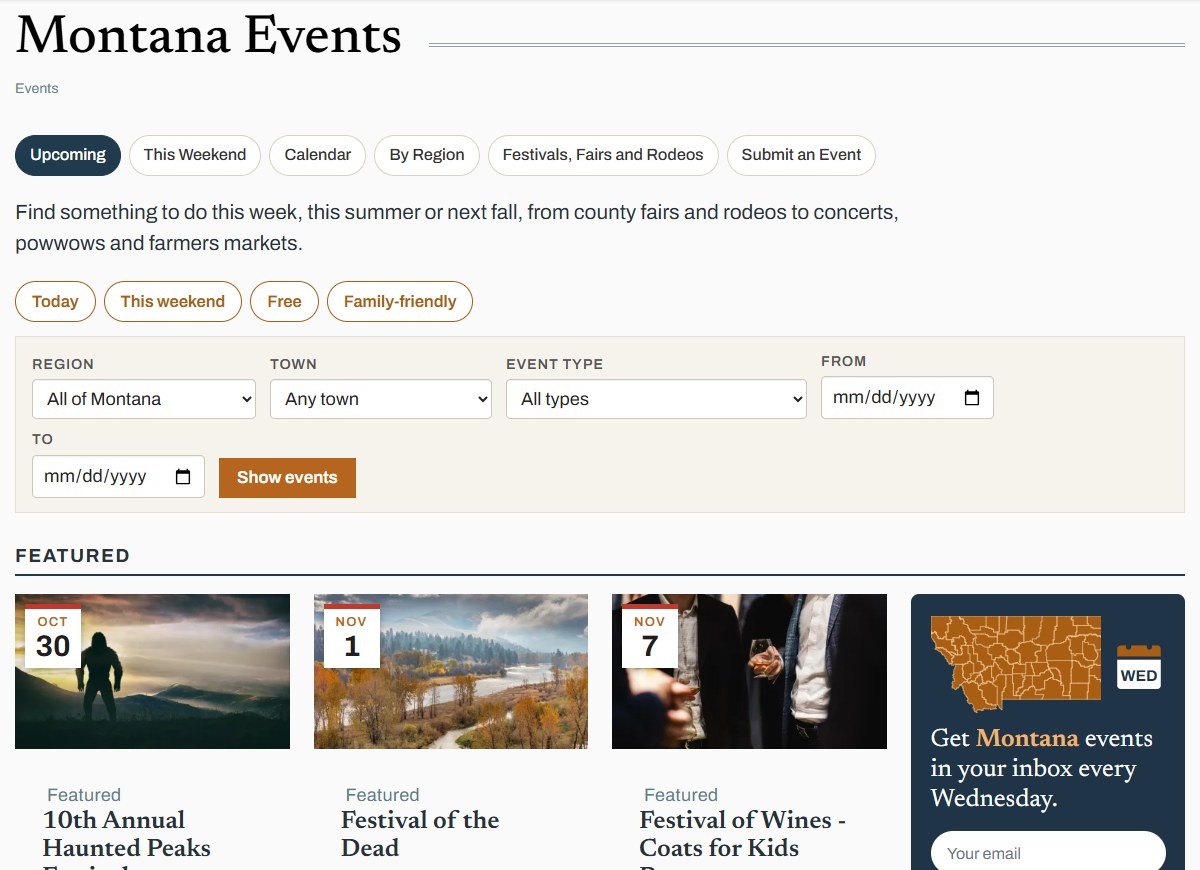 The Distinctly Montana events calendar with region, town and event type filters