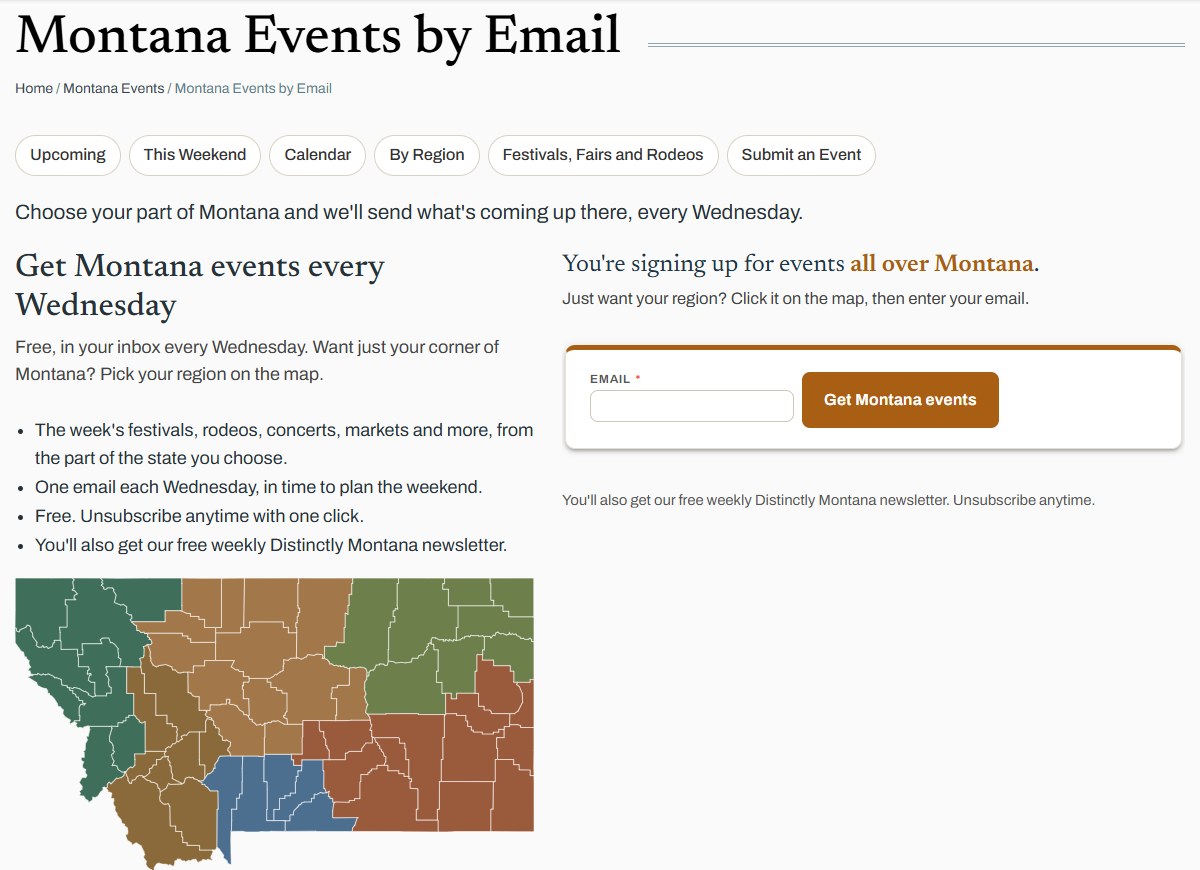 The events email signup page with a map of Montana's six regions