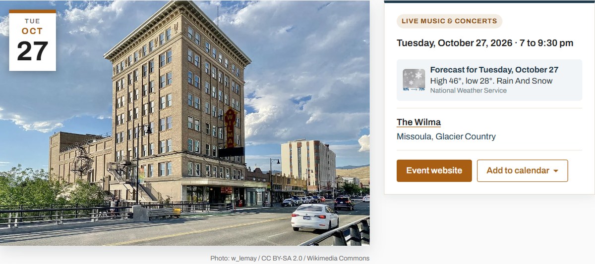 An event page showing the date, the forecast, the venue and an Add to calendar button