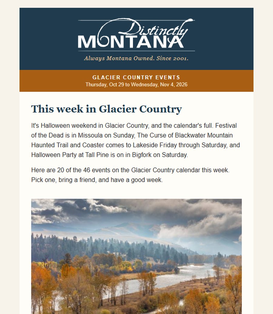 The top of a weekly Glacier Country events email