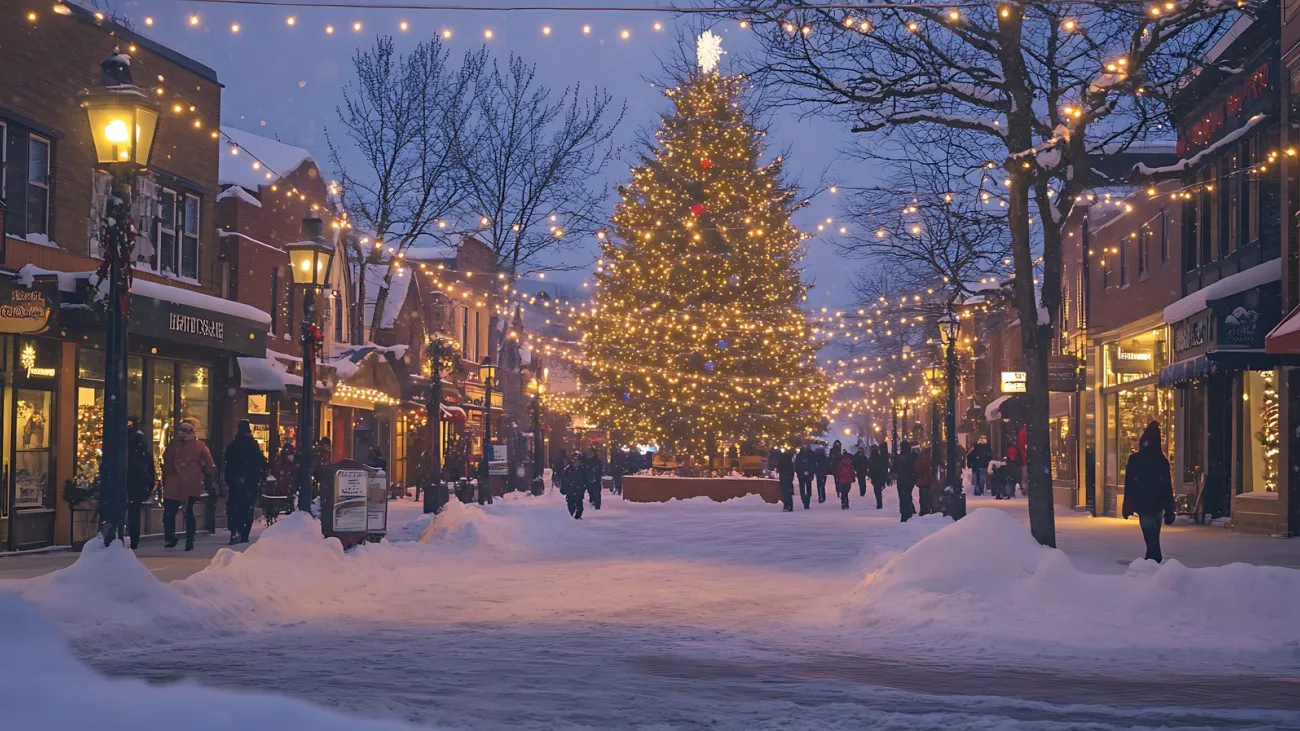Snowy small-town square with a lit Christmas tree and string lights at dusk