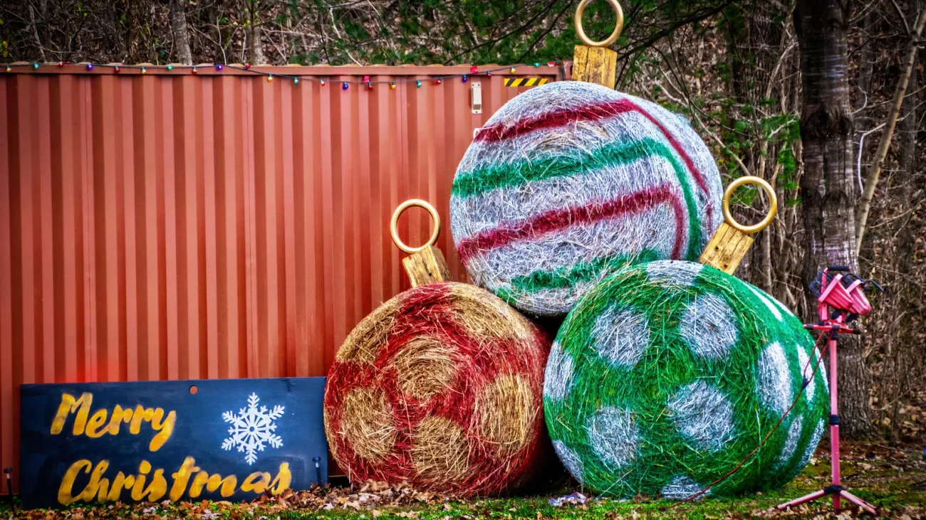 Big round hay bales painted as Christmas ornaments on a rural lot