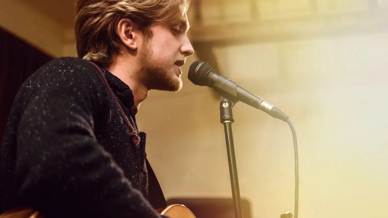 Bearded singer performing a song on stage