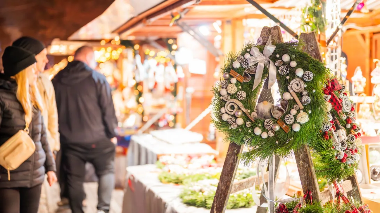 Holiday craft stall with handmade wreaths