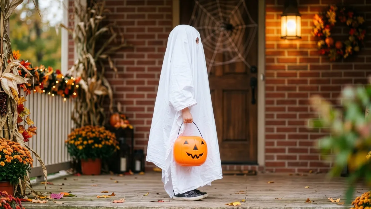 Child in a ghost costume holding a jack-o-lantern candy bucket
