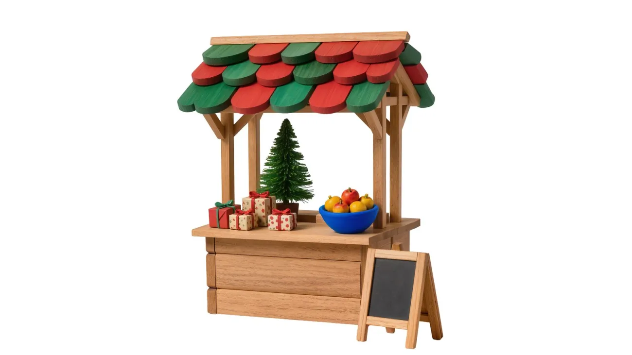 Wooden holiday market stall with gifts