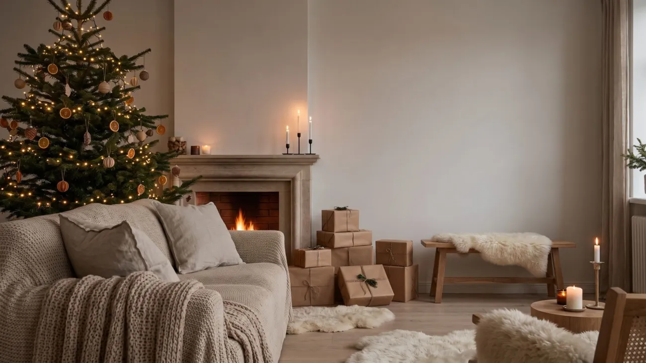 Cozy living room decorated for Christmas with a tree and fireplace