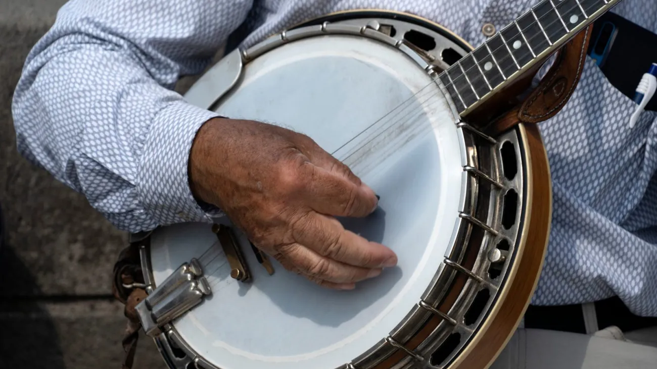 Hands of a musician playing banjo