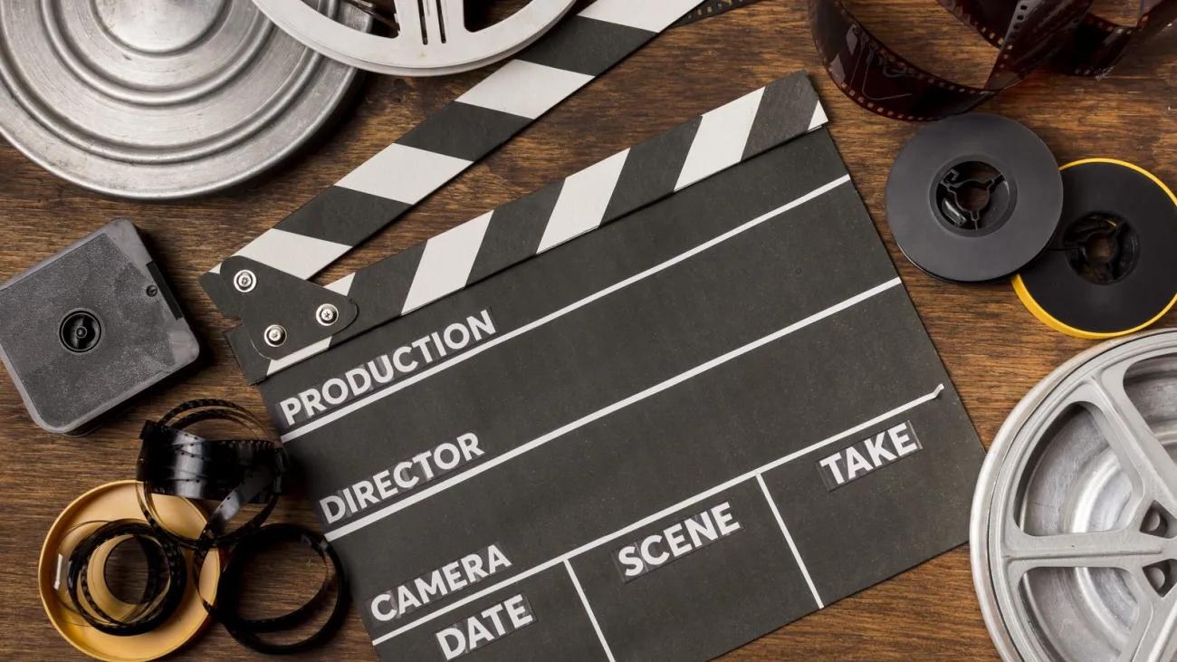 Film reels and a clapperboard