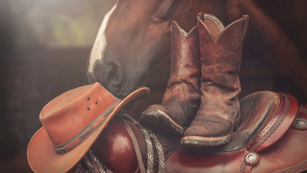 Cowboy hat and worn boots on a western saddle
