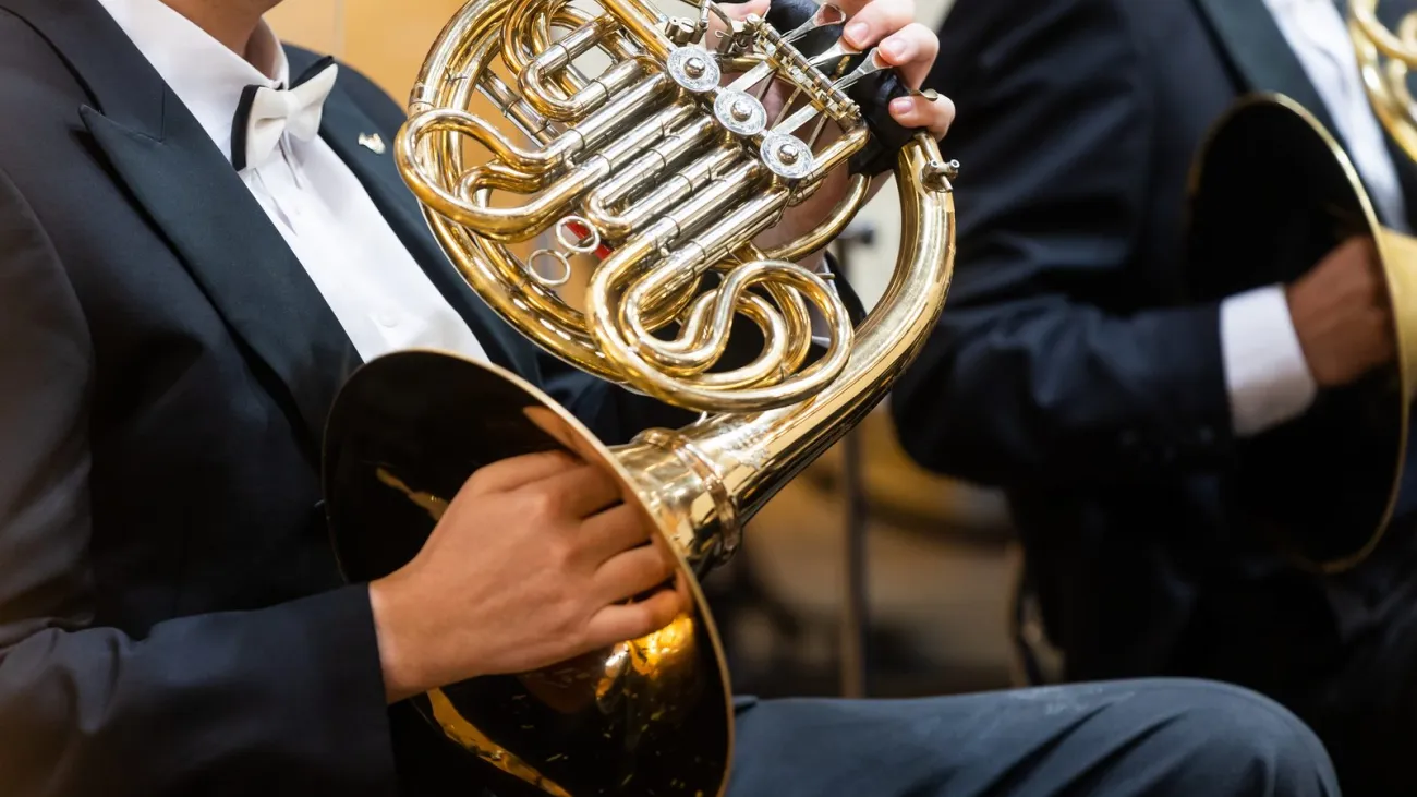 Hands playing a French horn in a concert