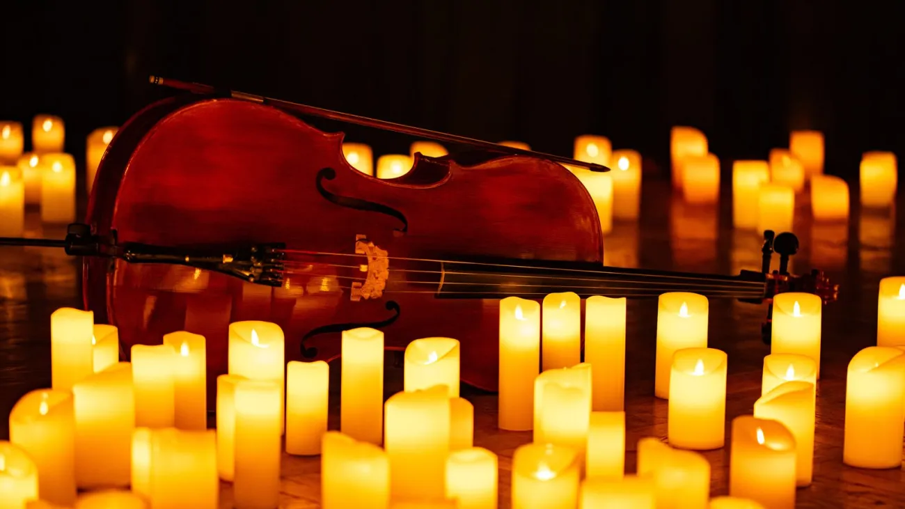 Violin surrounded by glowing candles