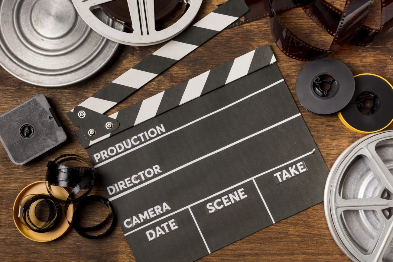 Film reels and a clapperboard