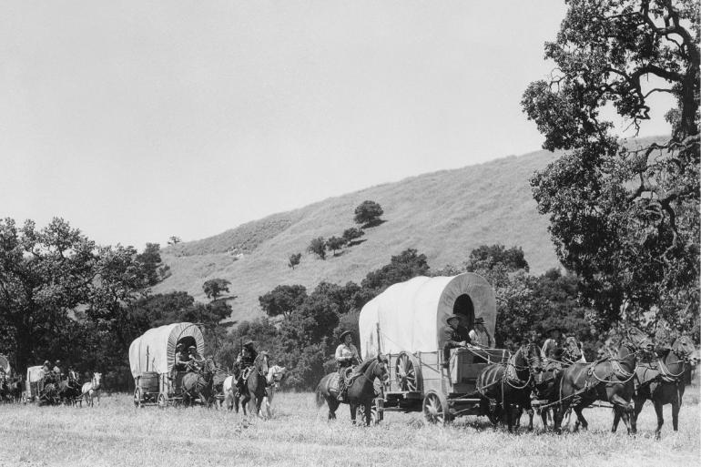 wagon train of pioneers
