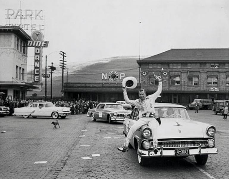 Cast of Timberjack on parade in downtown Missoula, 1954