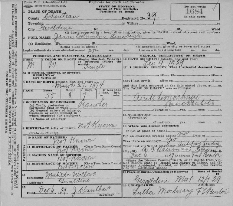 Linebarger Death Certificate Courtesy Ken Robison