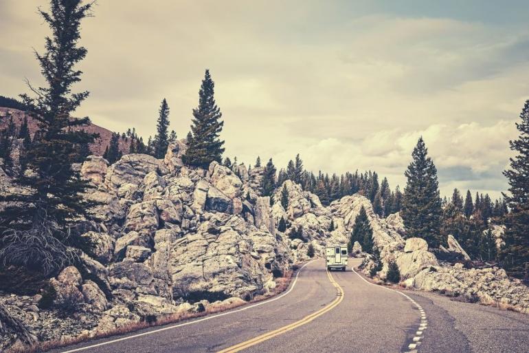 Camper on mountain road