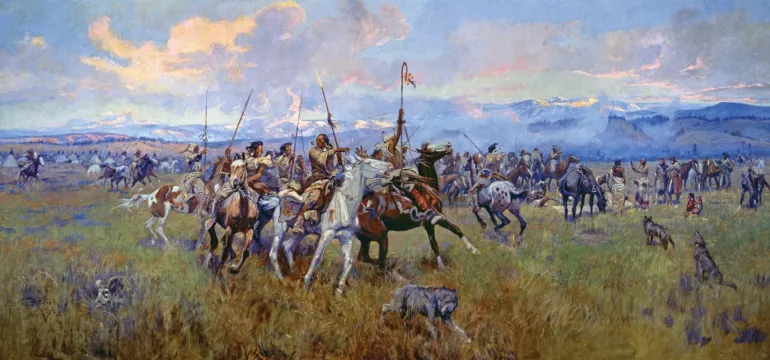 "Lewis and Clark Meeting the Flathead Indians at Ross' Hole" (1912). Mural by CM Russell, House of Representatives, Montana State Capitol. (with permission, Montana Historical Society)