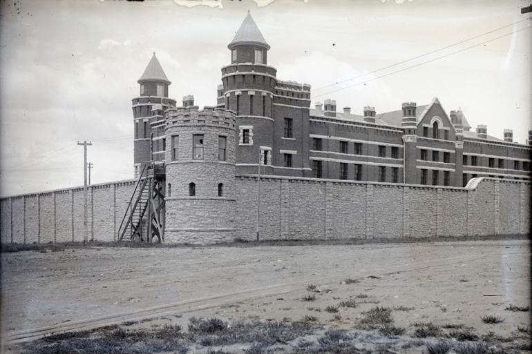 Corner shot of prison towers at Deer Lodge