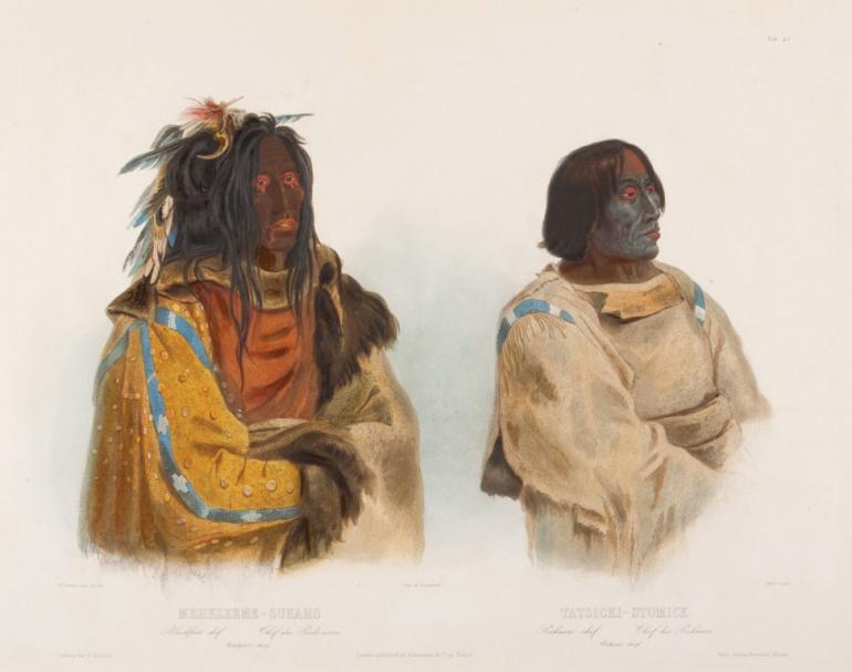 Mehkskeme, Blackfoot-Chief. Tatsicki-Stomick/ Piëkann Chief by Karl Bodmer, 1833.