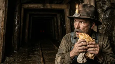 An 1890s Cornish miner in a felt hat with a candle stuck on with clay, holding a pasty, hears a tommyknocker: red eyes glow in the dark mine tunnel behind him (AI-generated illustration)
