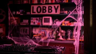 DJ equipment set up for a Halloween party