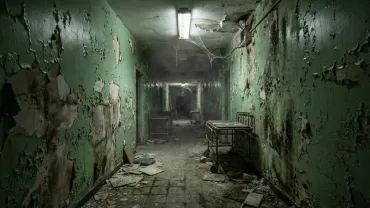 Decaying old hospital hallway with peeling paint