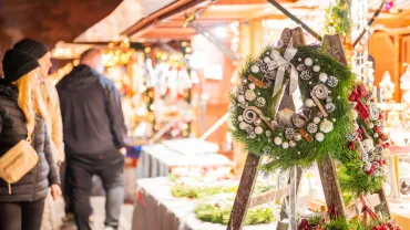 Holiday craft stall with handmade wreaths