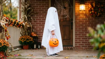 Child in a ghost costume holding a jack-o-lantern candy bucket