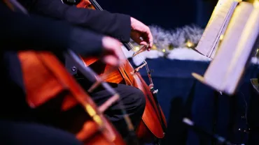 Cellists playing together at an orchestra concert