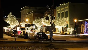 Christmas lights on main street in a small town