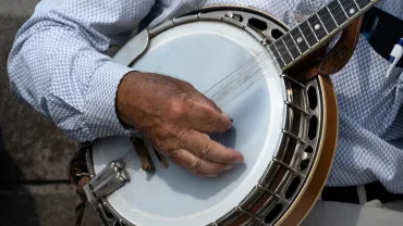 Hands of a musician playing banjo