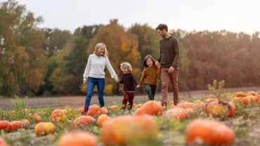 A family in a pumpkin patch