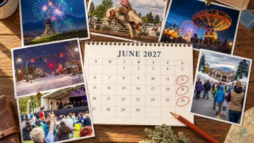 Photo prints of Montana fireworks, a rodeo, a county fair, a concert and a farmers market around a June 2027 calendar