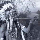 Flathead Chief Smoking Pipe in Headdress