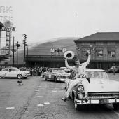 Cast of Timberjack on parade in downtown Missoula, 1954