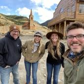 arry Hafford, Jackie Wickens, Trecie Wheat Hughes, and Jimmy Michaels take a break on the Yellowstone Film Ranch while filming their ‘Epic’ commercial for Yellowstone Brokers.