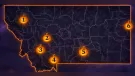 Halloween map of Montana with six numbered jack-o-lantern pins: 1 Lakeside, 2 Helena, 3 Butte, 4 Big Sky, 5 Billings, 6 Sidney.